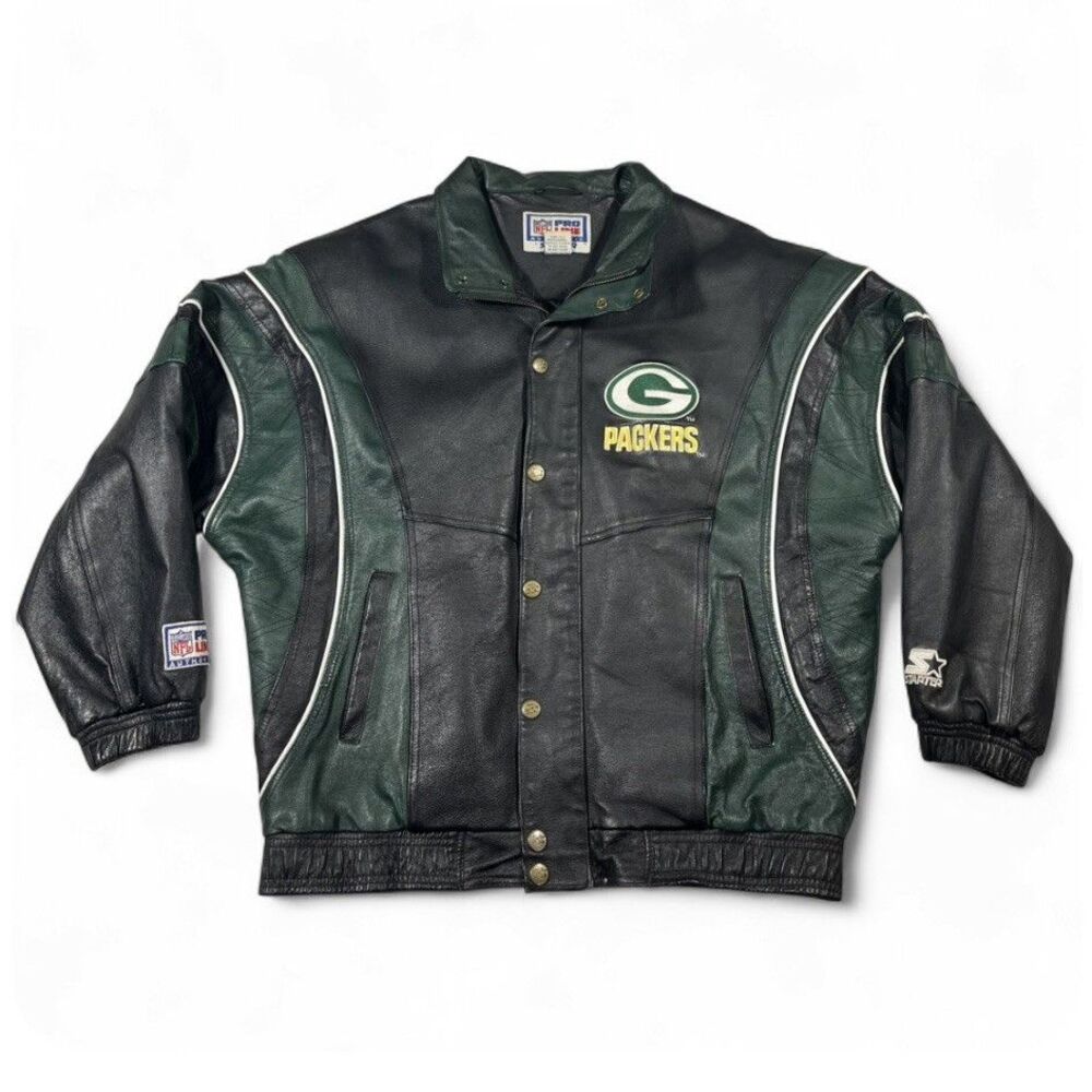 Vintage Green Bay Packers Starter Pro Line Leather Jacket NFL Black Green L